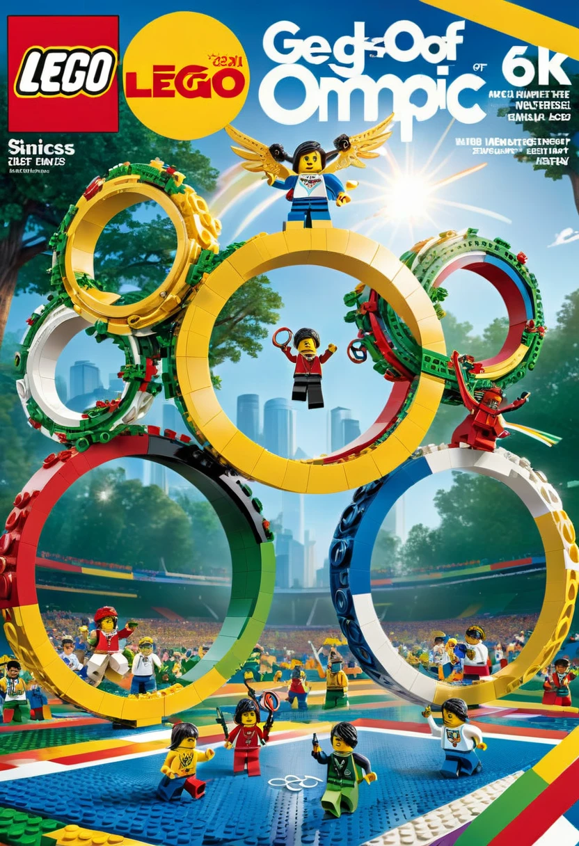 Magazine cover，best quality, very good, 16K, ridiculous, Very detailed, Olympic 5 rings，Made of Lego, （（Sports Day））（（A masterpiece full of fantasy elements）））， （（best quality））， （（Intricate details））（8K）
