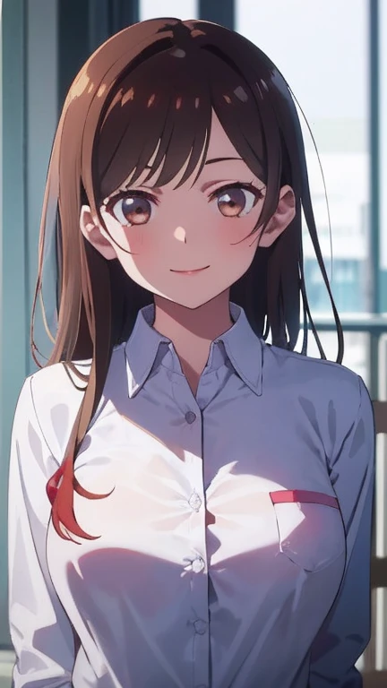 (((Pixel Perfect, Perfect in every detail))), alone, One girl, Chizuru Ichinose, big , (White collared shirt :1.3), View your viewers, smile, Upper Body: 1.0, Are standing