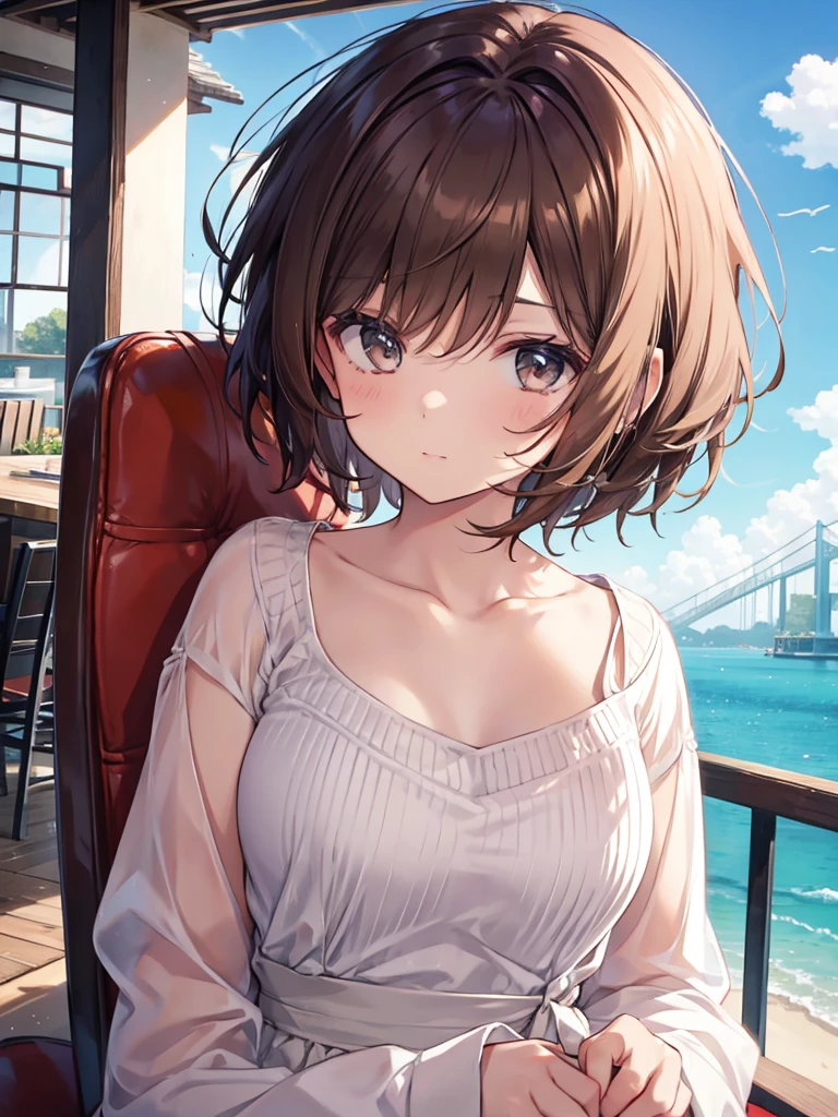 (Highest quality:1.4、masterpiece:1.4、Super detailed:1.4、Ultra-high resolution:1.4、8K:1.4)、F cup bust、Big Breasts、Slim body、((((1 person、Surprised expression、sit、Chair、In the background are the urban buildings of Tokyo、looking at the camera、Outdoor café terrace、coastal、juice、Shooting up close、Shooting from an angle、table、Very cute face))))、(Pose with hands tucked behind ears:1.4、Cheek resting on hand:1.4)、((nude、very beautiful areola、Off-shoulder camisole))、Nipples、Very blue sky、A completely cloudless sky