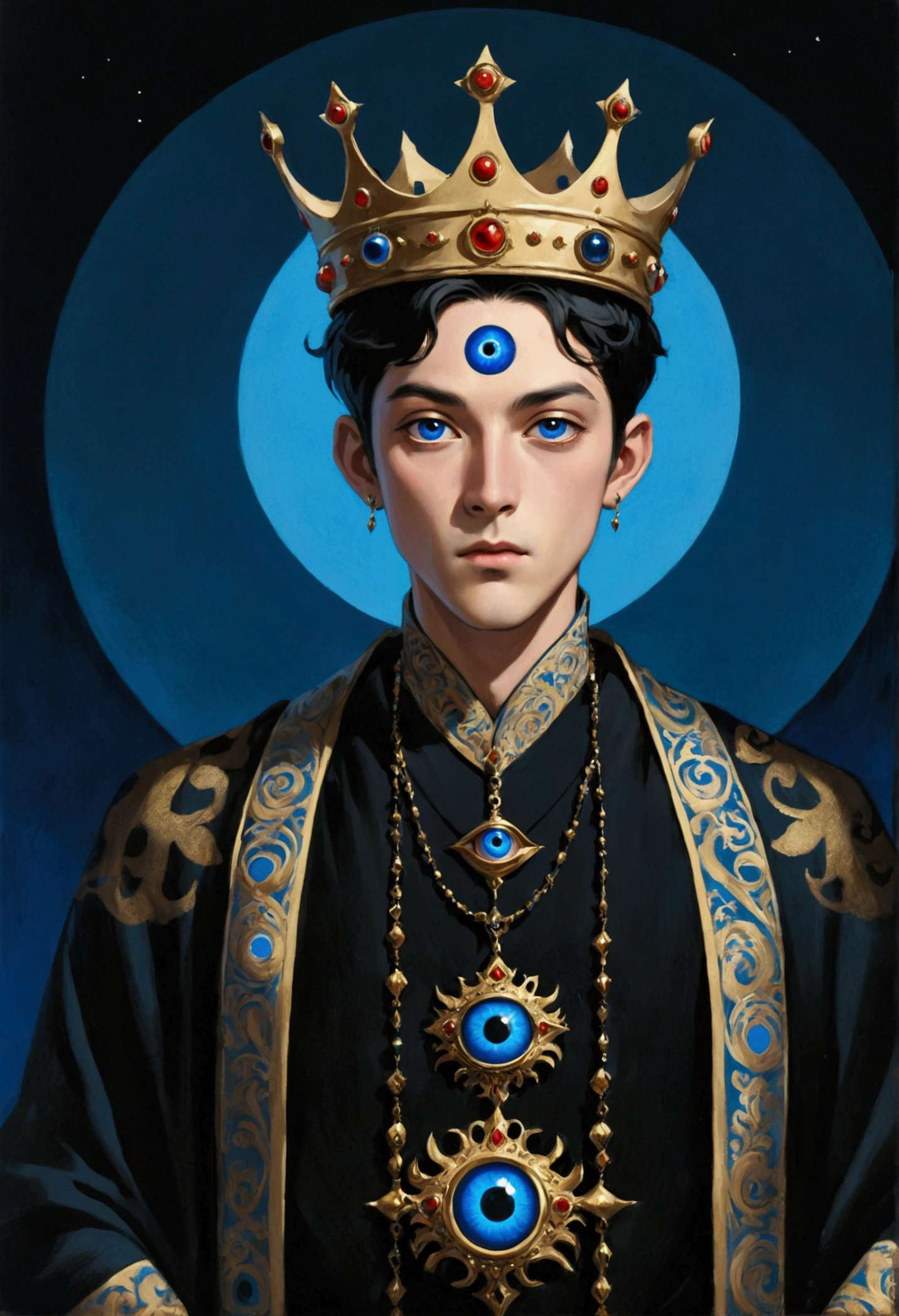 Third Eye Vision。king,crown,short hair,3d,Dark eyeshadow,whole body,robe,Wide Angle,Black and blue,Solid color background