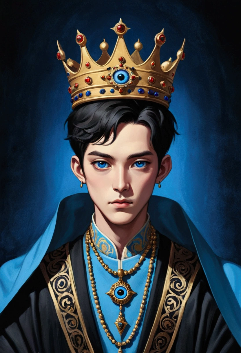 Third Eye Vision。king,crown,short hair,3d,Dark eyeshadow,whole body,robe,Wide Angle,Black and blue,Solid color background