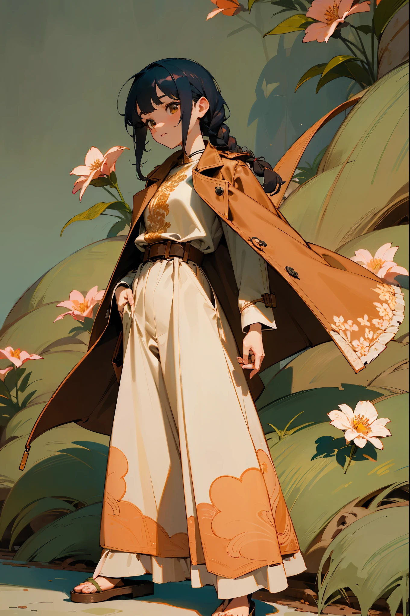 1female, deep teal hair, styled in a loose side braid, golden brown eyes, whimsical expression, oversized peach-colored trench coat with delicate floral embroidery, baggy white culottes, strappy brown sandals, a simple braided leather belt, enchanting garden background with blooming flowers and a gently flowing stream, detailed face, hands to side, standing on path