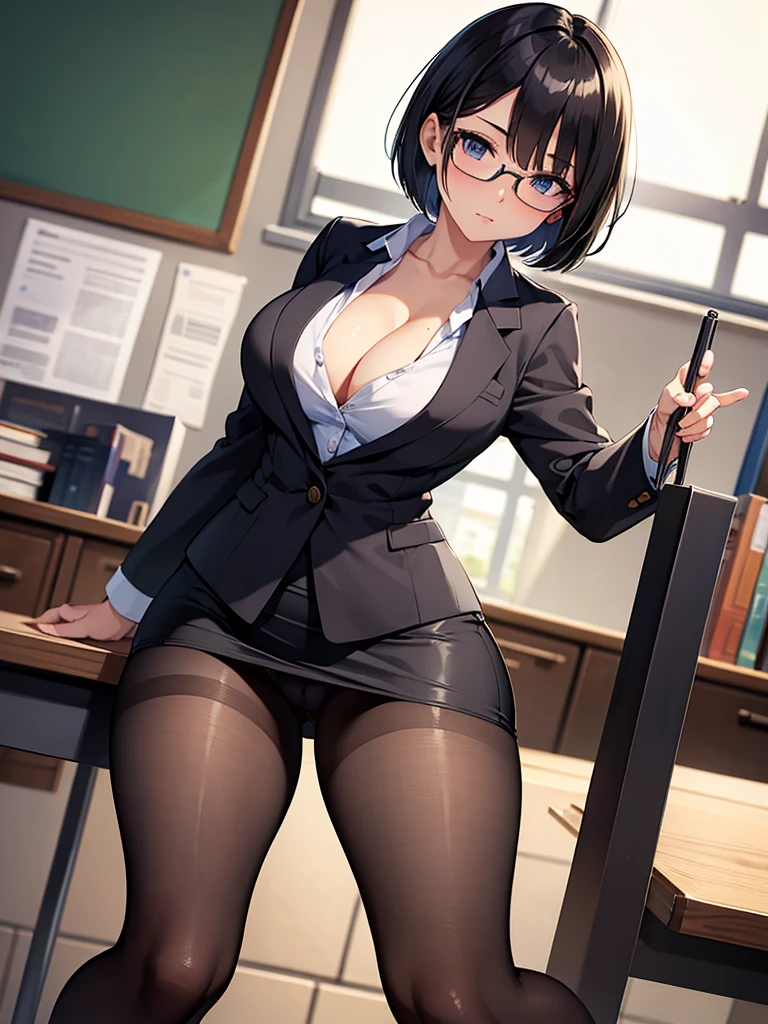 masterpiece, best quality, high definition images, atmospheric perspective, expressive eyes, perfect face, ultra detailed, solo, 1mature seductive woman, pinup, sexy pose, alluring pose, female teacher, black short bob hair, simple glasses, business suit, jacket, blouse, cleavage, pencil skirt, tight mini skirt, lifting skirt, black panties, curvy, thighs, pantyhose, high heals, open legs,  in study room,