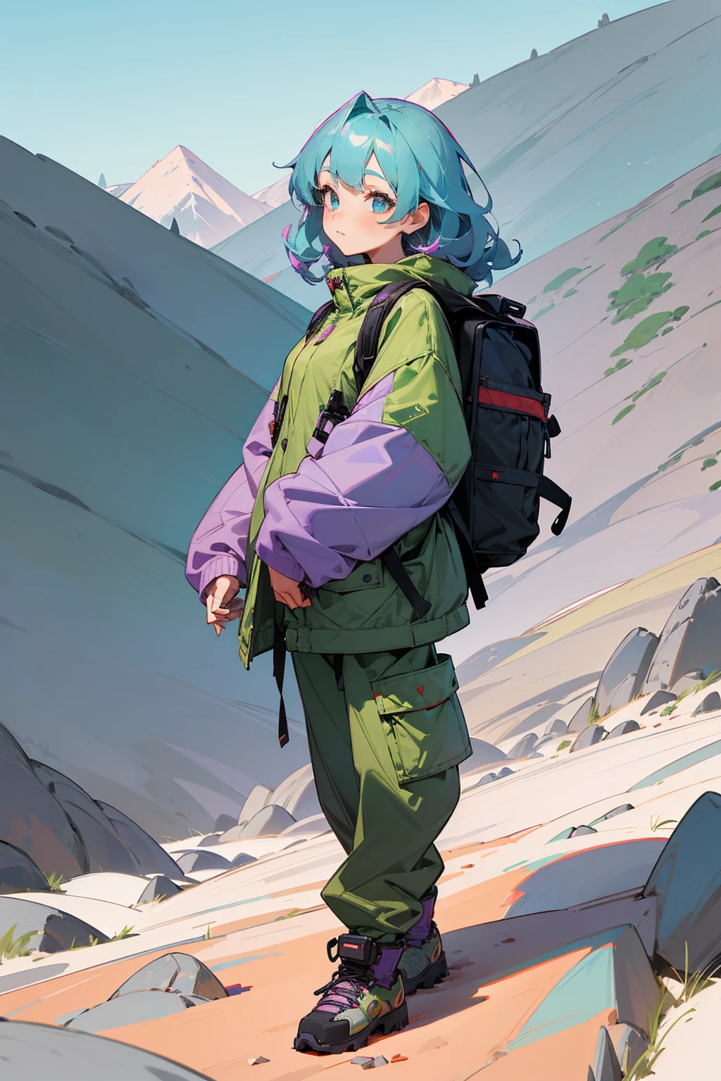 1female, soft lavender hair, styled in loose, voluminous curls, bright turquoise eyes, adventurous expression, oversized grey fleece jacket with an abstract geometric pattern, baggy olive green pants, sturdy hiking boots, a colorful woven backpack, rugged mountain trail background with rocky paths and distant peaks, detailed face, hands to side, standing on path