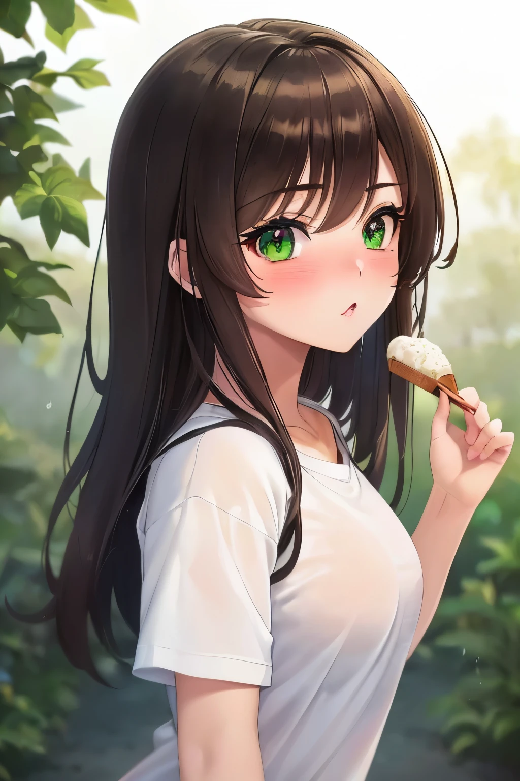 ((masterpiece, Highest quality, High resolution, 超High resolution, Pixel perfect, Written boundary depth, 4K, RTTX 10.0, High resolution))), 1 girl, single, alone, Beautiful Anime Girls, Beautiful art style, Anime characters, ((Shortcuts, bangs, Dark brown hair, Simple hairpin)), ((Green Eyes:1.4, Round eyes, Beautiful eyelashes, current eyes)), ((Detailed face, blush:1.2)), ((Smooth texture:0.75, Anime CG style)), Medium chest, ((Dynamic Angle, throw, close)), Perfect body, White T-shirt, Sweat, hot, Eating ice cream,