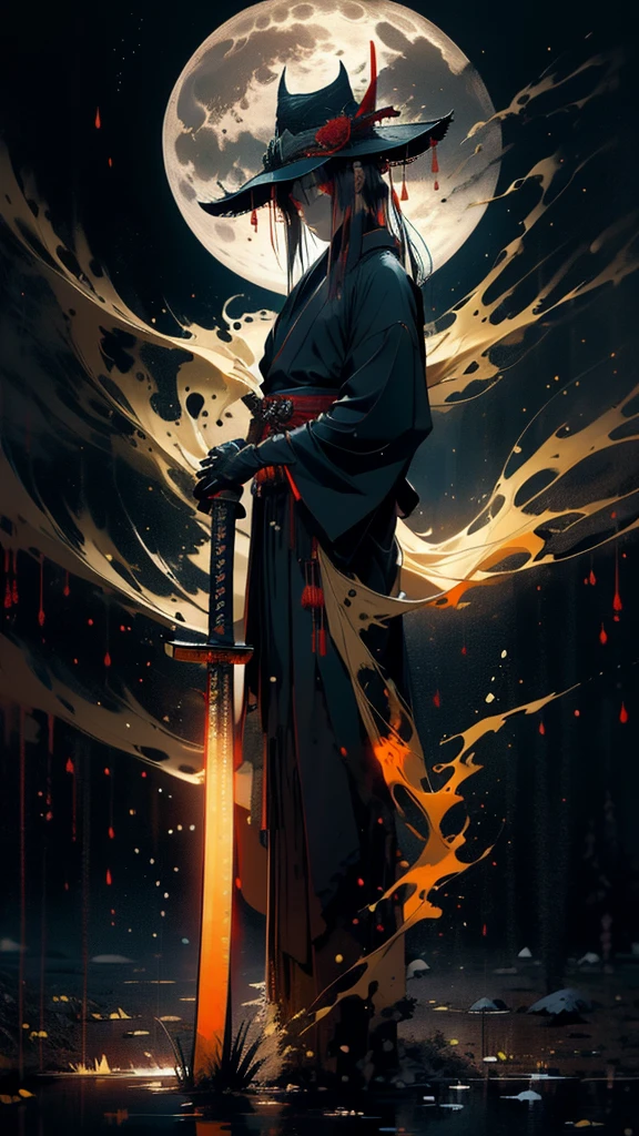 (Best Quality,ultra detailed),dark,wet,artificial raindrops falling,ancient Chinese dragon standing in the rain,japanese traditional bamboo hat(fail),dense forest landscape,majestic and serene nature,full moon shining brightly in the night sky,black kimono with fluorescent red stripes that glow in the moonlight,samurai sword sharpened and drawn(katana),