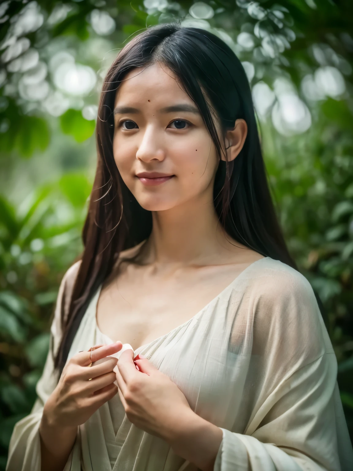 (best quality,8k,ultra-detailed,realistic:1.37),god creating man from soil,surreal photo,fujifilm xt3,outdoor,good lighting,raw photo,film grain,unreal engine 5,ray trace,concept artists,Goddess-like woman full body, (Artistic Nudity and Covering),landscape,human creation,smiling, feminin pose, long hair, divine touch,transcendence,charm,powerful presence,strong figure,wisdom in the eyes,,,harmony with nature,peaceful surroundings,ethereal beauty,sublime atmosphere,brilliant colors,dreamlike quality,otherworldly perspective,subtle textures,vibrant details,mesmerizing composition,transcendent realms,spiritual journey,sacred transformation