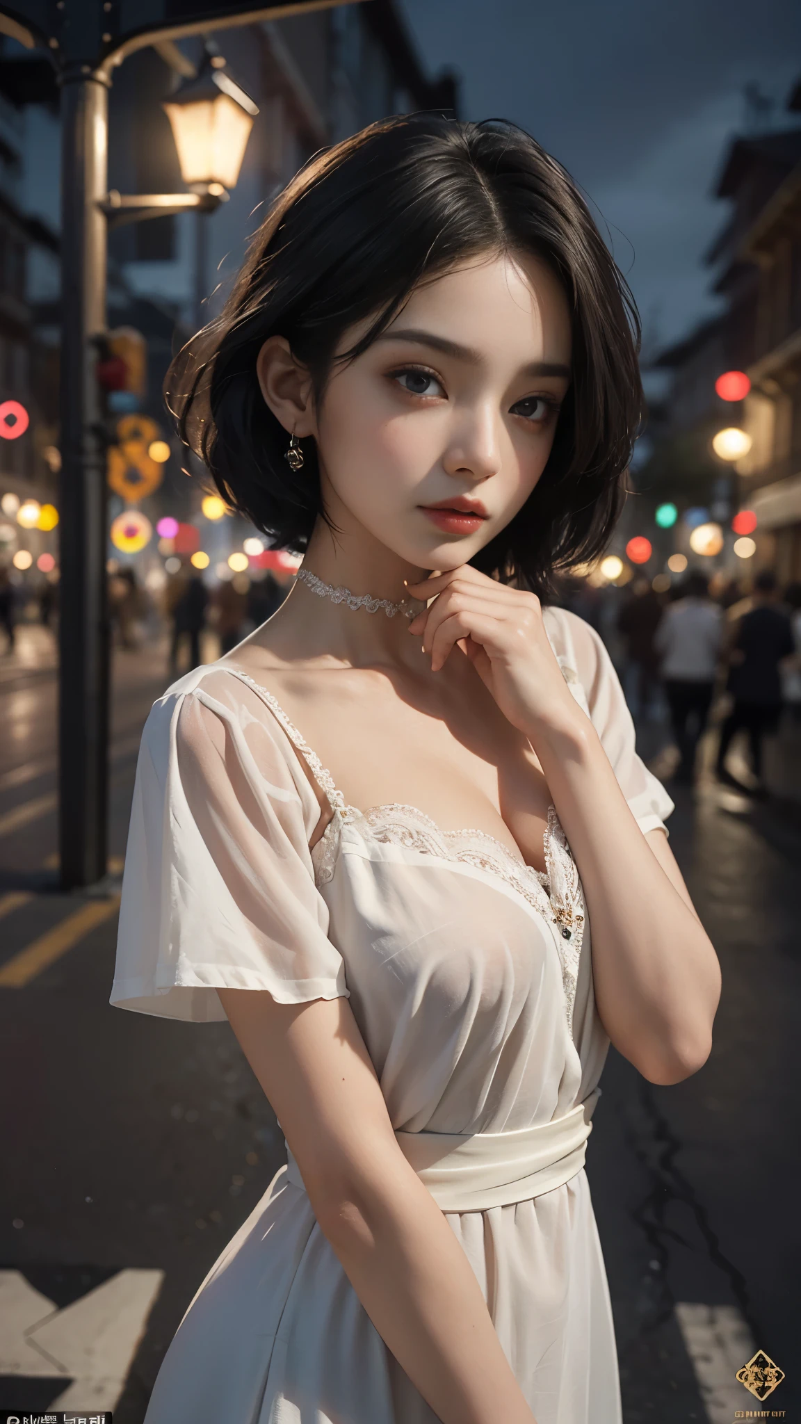 8k, masterpiece, RAW photo, best quality, photorealistic, extremely detailed CG unity 8k wallpaper, Depth of field, Cinematic Light, Lens Flare, Ray tracing, (extremely beautiful face, beautiful lips, beautiful eyes), intricate detail face, ((ultra detailed skin)) 1girl, in the dark, deep shadow, pretty asian girl, very slim slender fit-muscled body), ((looking at viewer)),(big smile), (blurry background), midnight, (pretty asian girl), earrings, bracelets, necklace, clear eyes, shot, (pale skin), face forward, (big eyes), ((close up shot)), (looking at viewer), medium breasts,((smile)), (see through), (open breasts), ( very slim), (white silk shirt), ((red silk skirt)), thick thighs, short hair, laced blouse, laced stockings, rooftop, dim lights, big windows, bed, ((night)), cityscape,