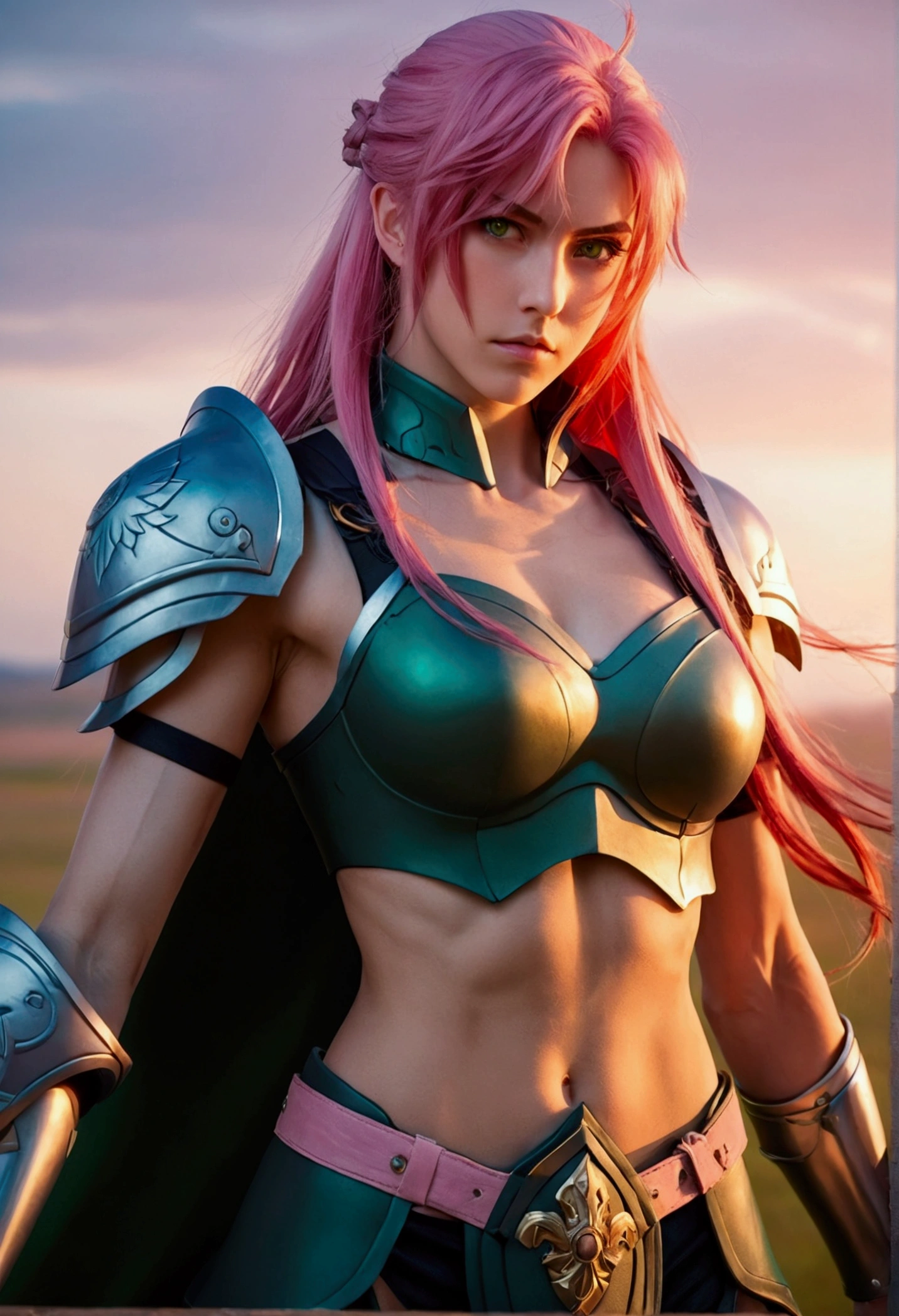 Fist of the North Star style, Beautiful Long face, (A little skinny, tall body:1.25), Perfect Face, Ultimate beauty woman, (Rin, 2, Reddish brown hair, Short cut hairstyle, Parted bangs), (golden shoulder guards:1.2, Pink headband with gold trim and gemstones), Very cute, slightly ephemeral face, (white pelvic curtain:1.3), Highly detailed CG, Super detailed, (Vertical gold upper arm guard, Reddish purple shiny arm guards), looking at the viewer, 
BREAK. 
(Silver breastplate:1.25), (Wearing Pale pink leggings pants:1.25, Reddish purple Shiny Long knee-high boots), (Clench your right hand in front of your chest:1.2), Cleavage, desolate wasteland, Dramatic art, A pretty woman with perfect figure, anime realism style, A woman of noble character, Desertified World, Wearing elegant underwear, Elegant warrior outfit, the wind is blowing, Skin texture details, Highly detailed CG, (Perfect detail:1.1), high definition, high definition and beautiful, 8k wallpaper, Wearing something like a gold belt, natural soft lighting, HDR, Realistic Skin, (masterpiece:1.2, Highest quality), (Detailed eyes and face:1.2), anime background art, overcast, Extremely finely detailed, wilderness, Perfectly shaded body, Pale skin, pale blue eyes, Light shines through the gaps in the clouds, 