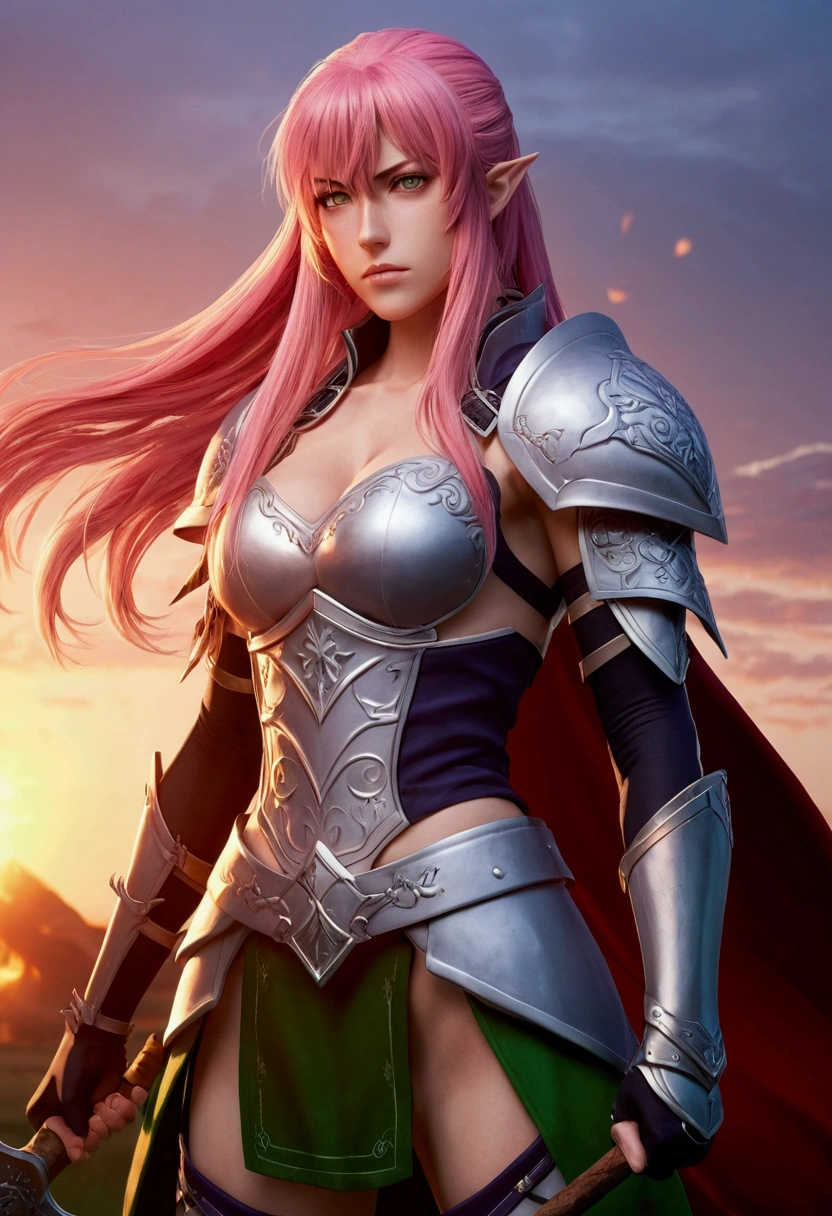 Anime girl long pink hair toned muscles attractive, intimidating look, with a long ax in his hand, standing on a plain at dawn, green eyes fire emblem style warrior costume