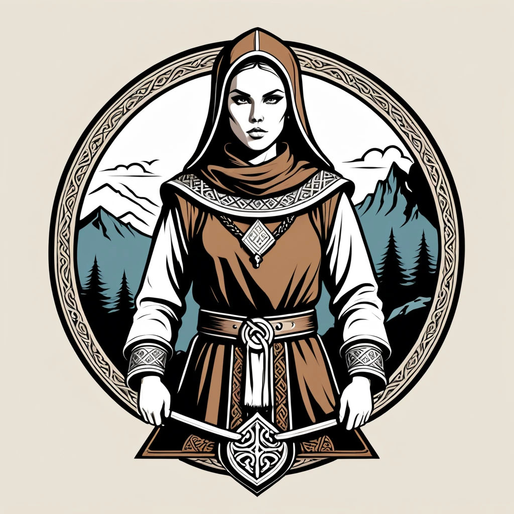 female	monk	in viking folk outfit	,vector graphics, strong contours, logo design																						