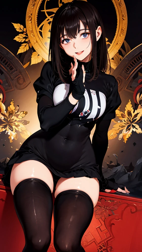 Face Focus , ((Highest quality)), ((Tabletop)), Perfect Face, （((Black knee-highs))) ,   Official Art,Black knee-highsソックス, Ultra-high resolution ,Ultra-high resolution,8k,Beautiful Face,smile,Standing posture,black tights,(Thick thighs),One Woman,classroom