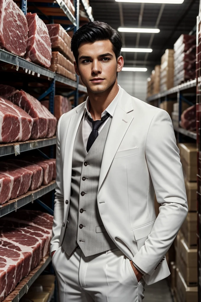 There is a handsome boy with a super detailed face, white suit, short black hair, super detailed characters, in the warehouse, which is piled up with meat, meat, fresh meat, highly real, 4K, chiaroscuro, super high detail