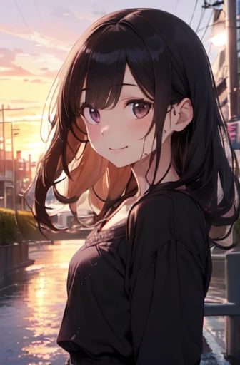 ((Highest quality, 8k, masterpiece: 1.3)), concentrated: 1.2, Perfect Body Beauty: 1.4, Butt: 1.2, ((long hair, chest: 1.2)), (Wet clothes: 1.1), (sunset, street: 1.3), Bandeau dress: 1.1, Highly detailed face and skin texture, Narrow eyes, double eyelid, Whitening skin, Long Hair, (shut up: 1.3), smile、大きいchest