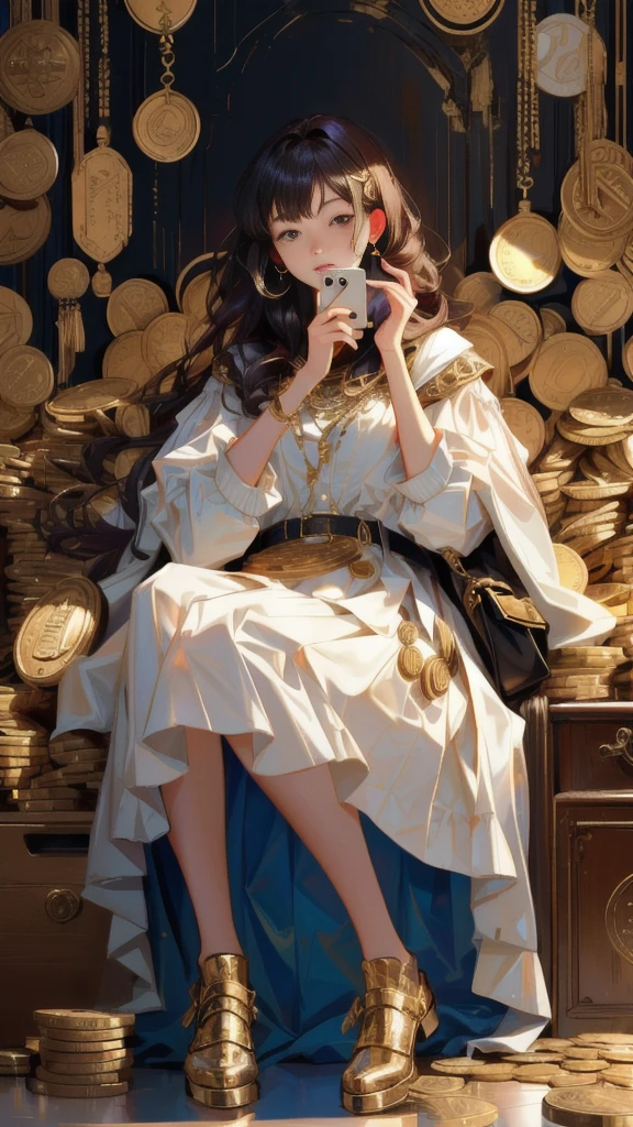 a girl with a phone in her hand surrounded by coins,