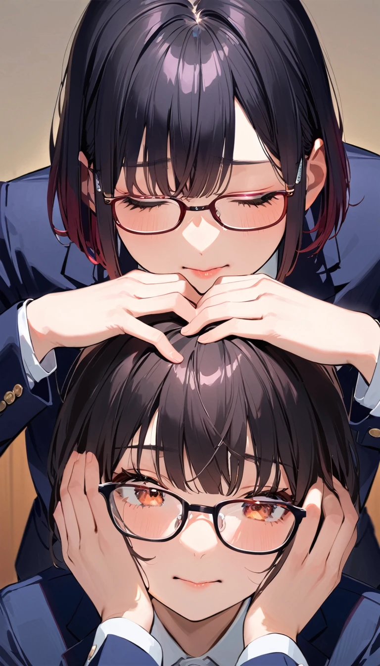 A high school girl with black short bob hair, Glasses,Red ribbon,wearing a navy blazer ,Restless and touching head with hands
