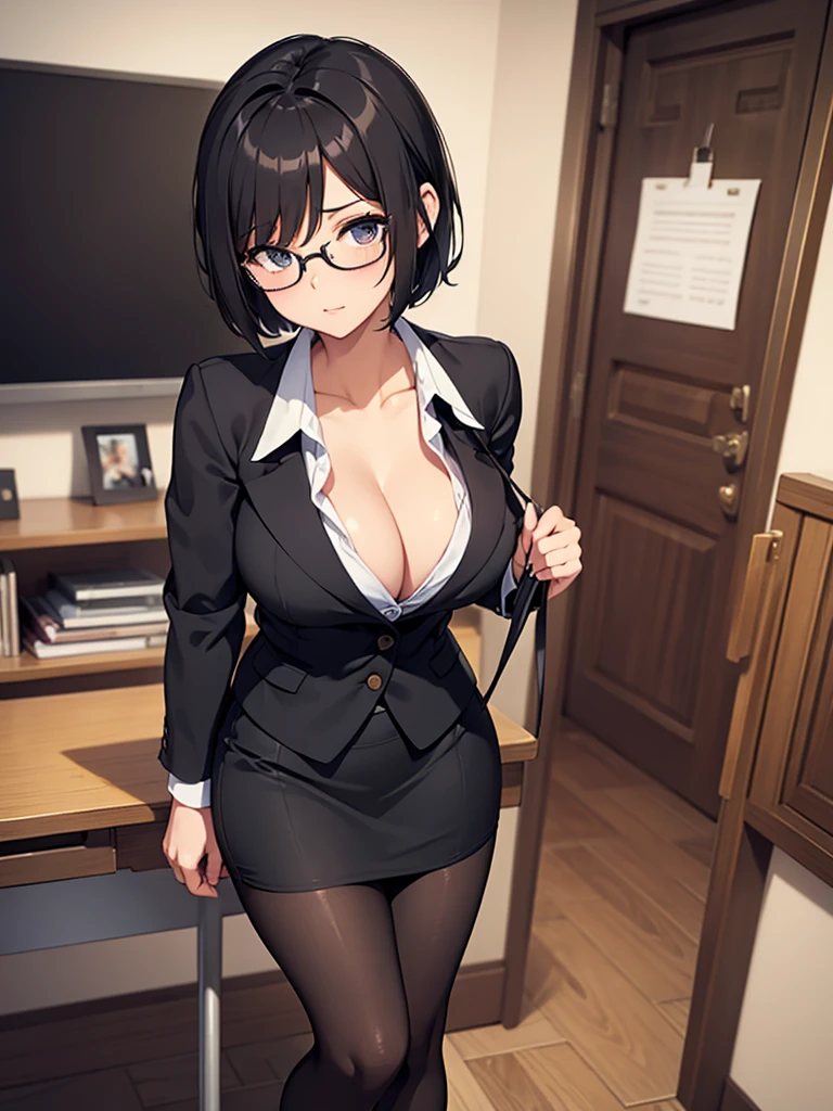 ((software))、(1.woman、alone)、Ultra-Realistic Capture、(Rimless Glasses)　非常にFamiliar、High resolution 16K human skin closeup、Skin texture must be natural、(Black bob hair)Familiar：毛穴がFamiliarに識別できる程度、Skin looks healthier、Uniform color tone、Use natural light and color、((Full body photo))、オフィスルームのwoman, White wall, Grey table, plant, window, Masterpiece of sexy pose))), ((highest quality)), ((Complex)), ((Surreal)), Stupid reply, 成熟したwoman, 成熟したwoman, perspective, very Familiar, shape, 1 girl, ((Big Breasts)), Perfect hands, 指のFamiliar, Narrow and beautiful eyes, short hair, Brown eyes, chief executive officer（chief executive officer（chief executive officer（chief executive officer（chief executive officer（chief executive officer（chief executive officer（chief executive officer（CEO）））））, (suit:1.2), Open Office Shirt, Tight Skirt, Earrings, stockings, Familiarな背景,  Perfect Eyes, Captivating eyes, Looking at the audience, From below