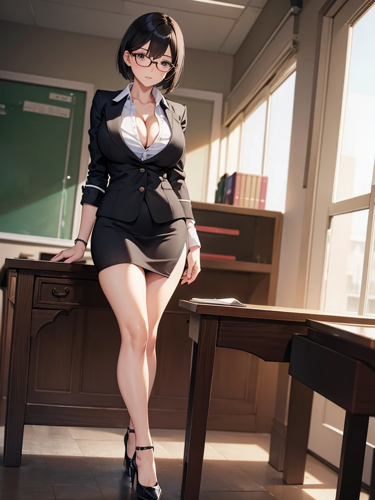 masterpiece, best quality, high definition images, atmospheric perspective, expressive eyes, perfect face, ultra detailed, solo, 1mature seductive woman, pinup, sexy pose, alluring pose, female teacher, black short bob hair, simple glasses, business suit, jacket, blouse, cleavage, pencil skirt, tight mini skirt, lifting skirt, black panties, curvy, thighs, pantyhose, high heals, open legs,  in study room,