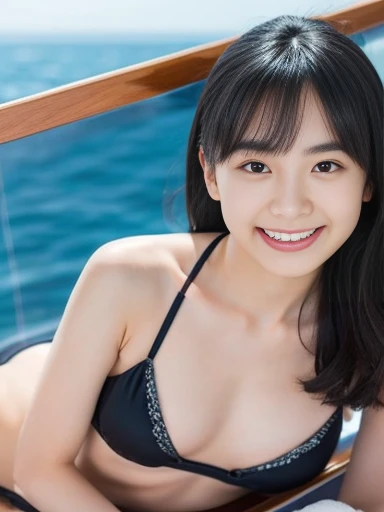 Japanese women, Lots of details, (Underweight), Detailed black hair, Beautiful detailed hair, So beautiful, Delicate and beautiful face, Intricate details、Beautiful and delicate eyes, Perfect hands, (flat chest Highest quality:1.5), Perfect and delicate limbs, Detailed skin, Highest quality, Very detailed,(Bright smile:1.5),
Beach, (luxury passenger ship:1.4), fun, Lying down, Pin your bangs back, (High leg bikini、A thin leotard over a bikini), In the sea, In the sky, in the afternoon, aerial photograph