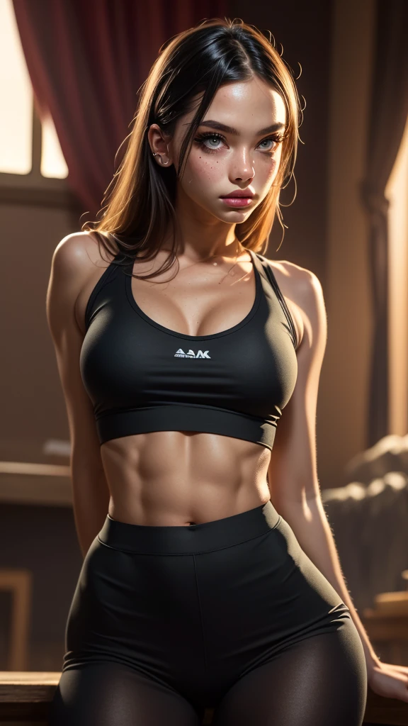 Masterpiece, raw, beautiful art, professional artist, 8k, very detailed face, very detailed hair, 1girl, Kim Possible, wearing tight yoga shorts and sports bra, no labels, no branding, cameltoe, exercising, stretching, yoga poses, perfectly drawn body, beautiful face, long hair, very detailed eyes, biting her lip suggestively, rosey cheeks, intricate details in eyes, puckered lips, perfect fit body, wide hips, small waist, thick thighs, firm abs, beautiful body, extremely detailed, intricate details, highly detailed, sharp focus, detailed skin, realistic skin texture, texture, detailed eyes, high resolution, kodak vision color, foto_\(ultra\), post-processing, maximum detail, roughness, real life, ultra realistic, photorealism, photography, absurdres, RAW photo, highest quality, high detail RAW color photo, professional photo, extremely detailed UHD 8k wallpaper unit, best quality, highres, (masterpiece, top quality, high resolution:1.4), photo, cinematic, film grain, sharp, soft natural light, magic photography, super detailed