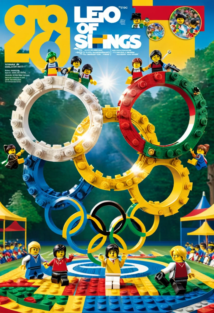 Magazine cover,best quality, very good, 16K, ridiculous, Very detailed, Olympic 5 rings,Made of Lego, ((Sports Day))((A masterpiece full of fantasy elements))), ((best quality)), ((Intricate details))(8K)