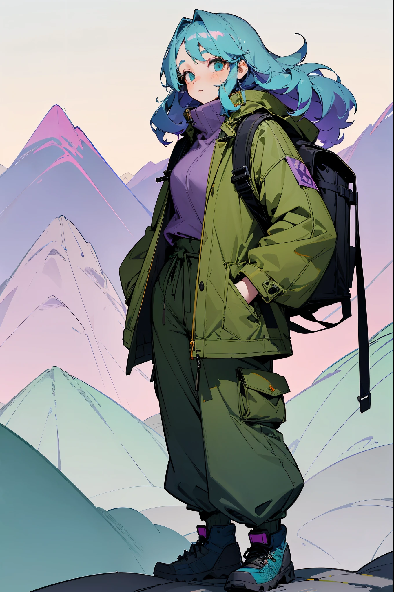 1female, soft lavender hair, styled in loose, voluminous curls, bright turquoise eyes, adventurous expression, oversized grey fleece jacket with an abstract geometric pattern, baggy olive green pants, sturdy hiking boots, a colorful woven backpack, rugged mountain trail background with rocky paths and distant peaks, detailed face, hands to side, standing on path