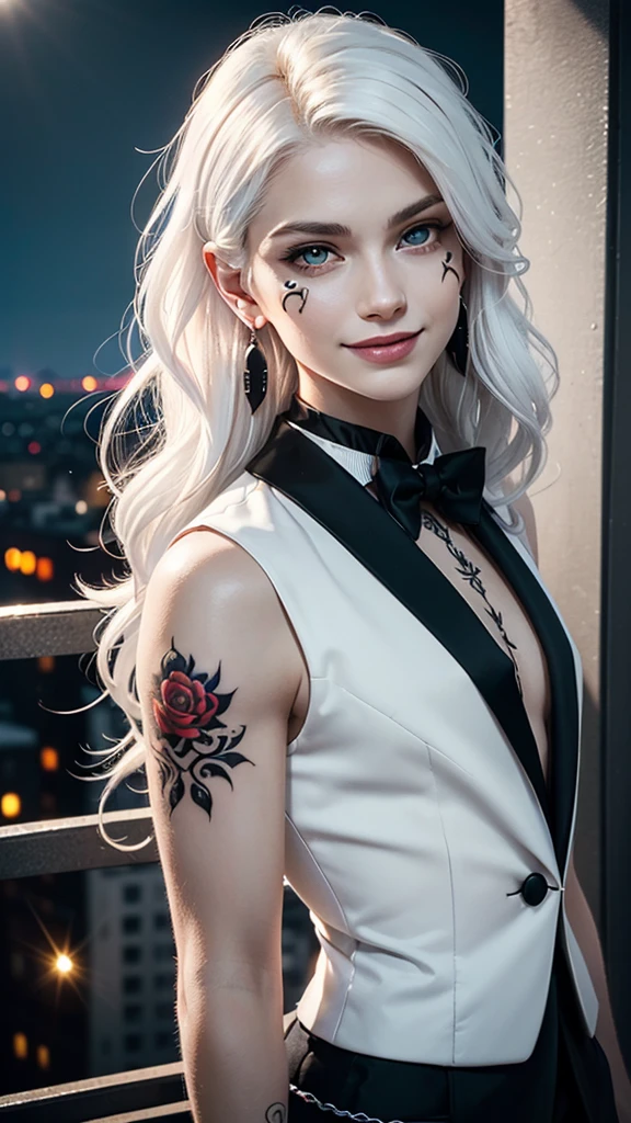(((Handsome young man))), (male), solo, (((gothic style))), (((super pale white skin))), smooth skin, (bright skin:1.3), strong jaw, sharp features, (((long messy white hair))), bangs, (((wavy and textured white hair))), (((white colored hair))), (((red vibrant colored eyes))), (((sharp eyes))), long and thick eyelashes, thick black eyebrows, majestic, charming, classy, (strong muscular body), (((wide shoulders))), (((softly smiling))), (((wearing a black formal suit))), (((red dangling earrings))), (((face tattoos))), (balcony night city setting), vibrant city lights, detailed, (highres:1.2), (enchanced quality：1.4), (Top quality true texture skin), vivid colors, colorful, ultrahigh res, octane render unreal engine, (high contrast), volumetrics dtx, (photorealistic:1.4), UHD, HDR, sharp focus, hyperrealistic, high quality, 16k.