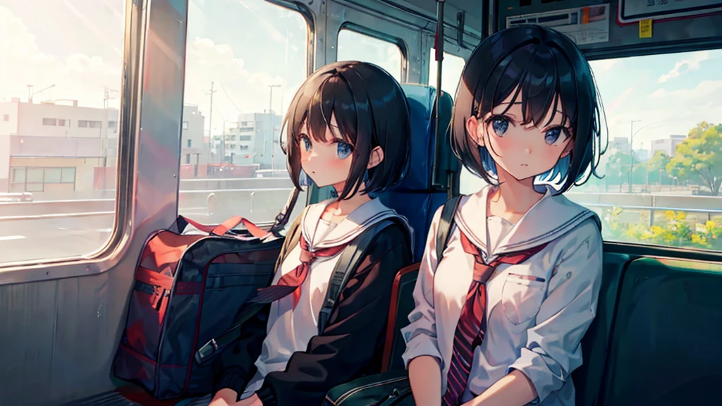 sitting on the bus,Forward-facing Seats,adjacent seat having a schoolbag,wearing earphones,from side,Sitting by the bus window,kawaii,Girl,Loli,black hair,short hair,bob head,black eyes,sitting on plastic simple Chinese bus seats as a passenger,1girl,solo,looking at viewer,,despise,Hands supporting head by the window,