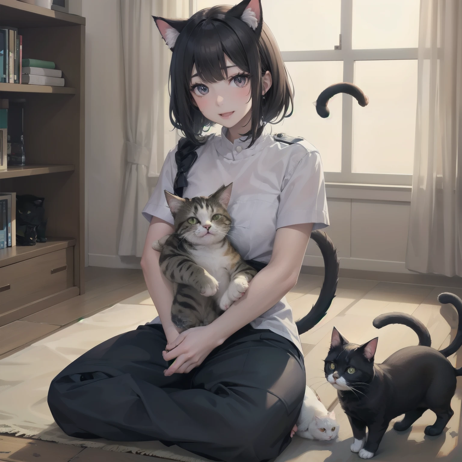 Anime girl with black hair and cat ears sitting on floor - SeaArt AI