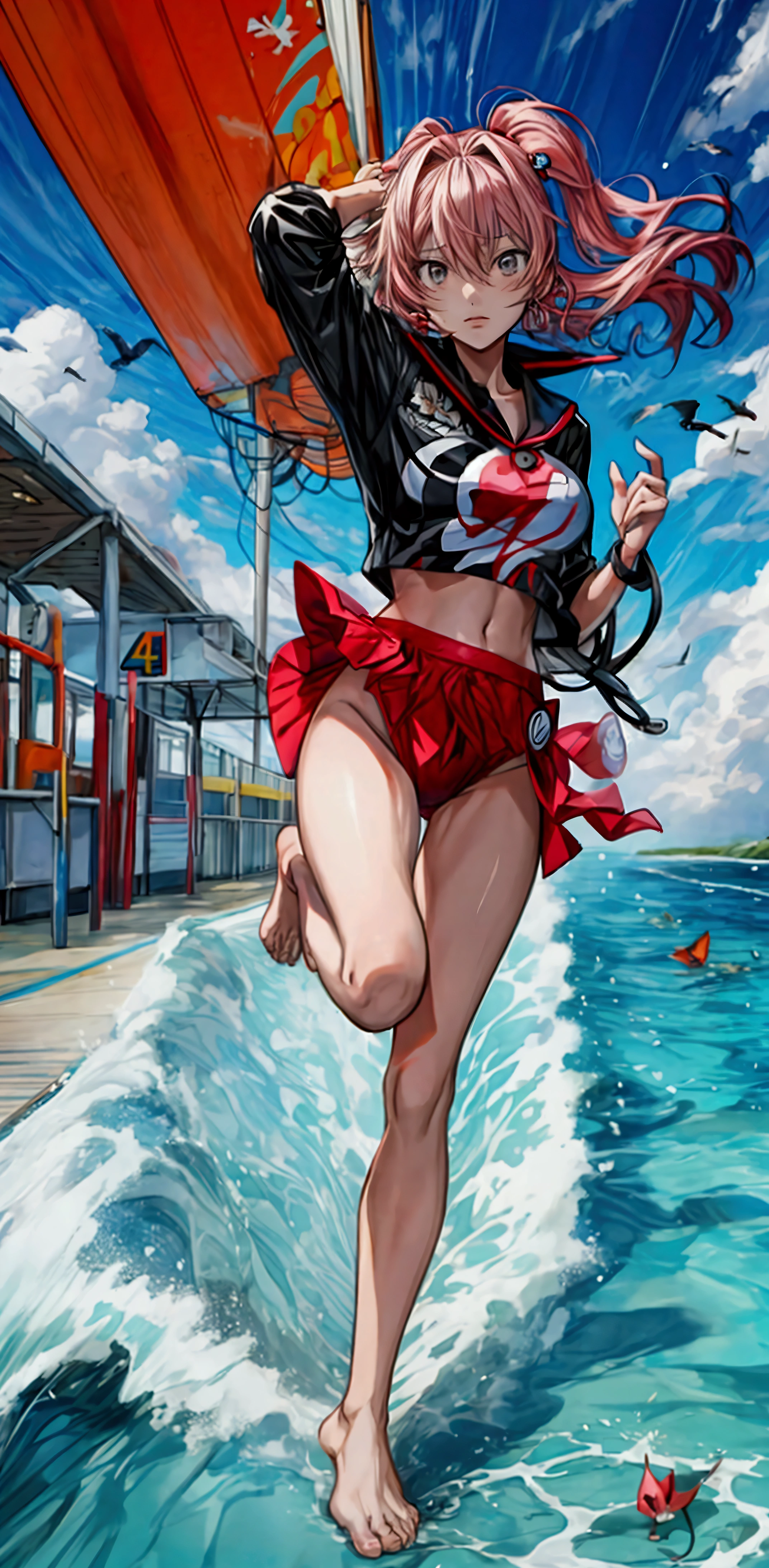 asuka works as a surf model, Official Art, Anime girl is running, ( ( Station 4 # ) ), Aya Kono color style, Inspired by Nanaru Koide, Junko Enoshima, Shinkai Makoto, Inspired by Reiko Ikemura, Shinkai Makoto味道, Beautiful sky, Girl blown away by the wind, Fluttering hair, barefoot, Birds are flying,