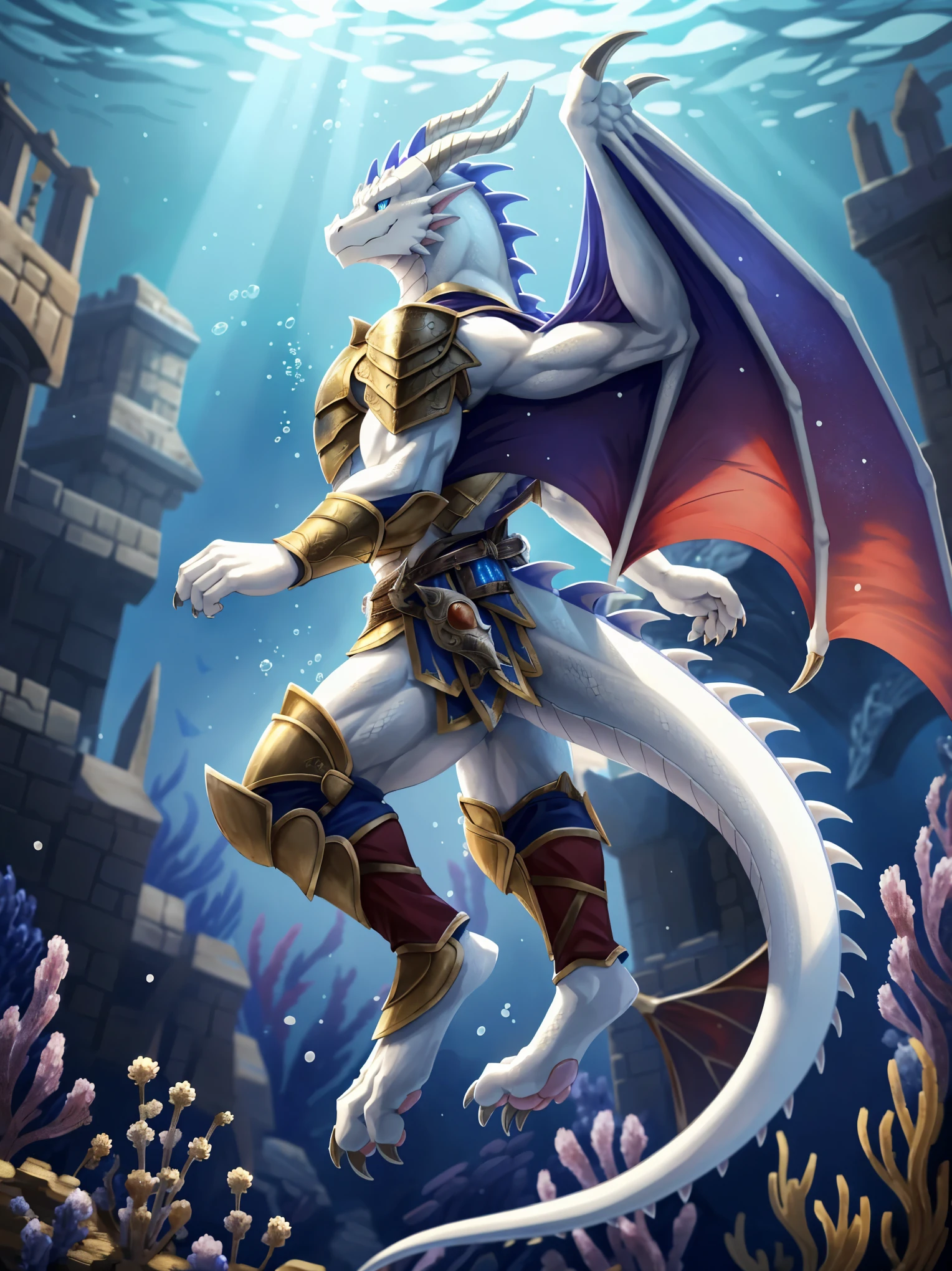 solo, kemono, (dragon), anthro, male, ((white body)),(white scales), tail, muscles,wings,handsome, armor, medieval, fantasy, stars, floating, toe claws,caster, digitigrade,epic, depth of field, underwater,perfect lighting,(best quality),(masterpiece),(ultra detailed),sharp focus,light particles,pink pawpads,blue eyes