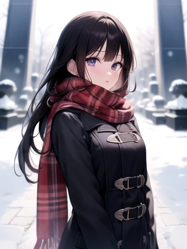 (The best bed ever), (Mature Face), Purple eyes, Long black hair, Natural Straight Hair, Straight bangs, alone, [small_chest: big_chest: 0.5], normal chest, (((Long coat, Scarf, Winter Temple, Tokyo))), Very delicate, A uniquely beautiful girl, Dreamlike quality, Exaggerated facial features, Solid Color, Delicate face, Bright lips, Narrow waist, straight curve, Soft light and shadow, Super Fine, 8k hd, (masterpiece:1.4), (Beautiful, detailed eyes: 1.2)