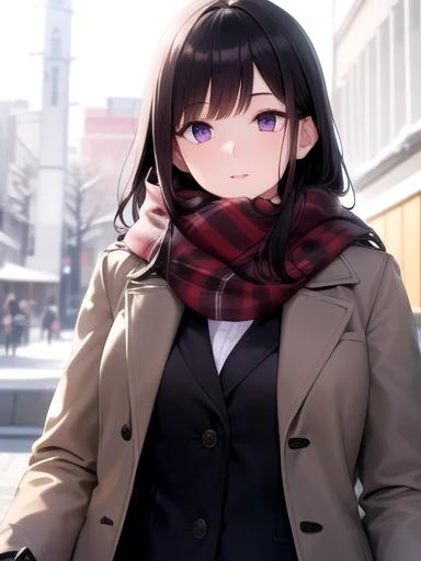 (The best bed ever), (Mature Face), Purple eyes, Long black hair, Natural Straight Hair, Straight bangs, alone, [small_chest: big_chest: 0.5], normal chest, (((Long coat, Scarf, Winter Temple, Tokyo))), Very delicate, A uniquely beautiful girl, Dreamlike quality, Exaggerated facial features, Solid Color, Delicate face, Bright lips, Narrow waist, straight curve, Soft light and shadow, Super Fine, 8k hd, (masterpiece:1.4), (Beautiful, detailed eyes: 1.2)