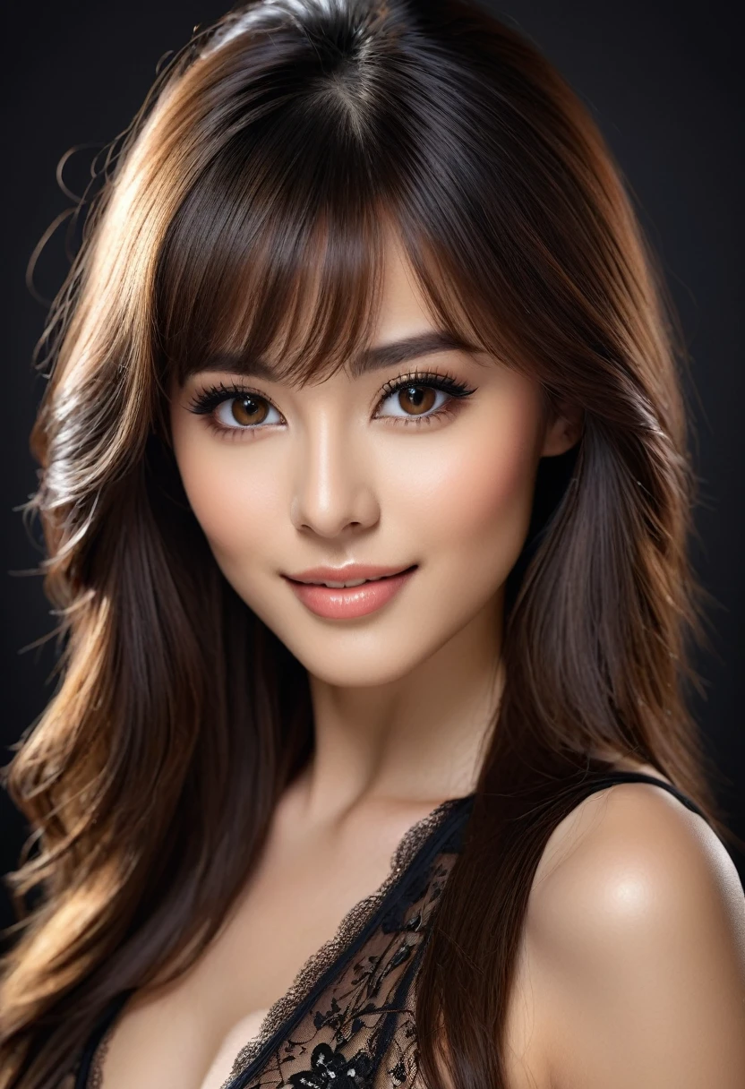 Beautiful girl face photo close-up of woman with brown long hair( Perfect anatomical structure ). Detailed face. Realistic eyes. wearing two piece lingerie, Very rich details on the face and eyes. Detailed skin.、Delicate skin texture smile, long hair, Black vest straight hair , Four-six-point oblique bangs, deep shadow background, black soft lighting, professional photography master's artwork, texture, Complex, clear, high-quality masterpiece,Extremely Complex and exquisitely detailed, ultra-detailed, ultra-detailed digital art