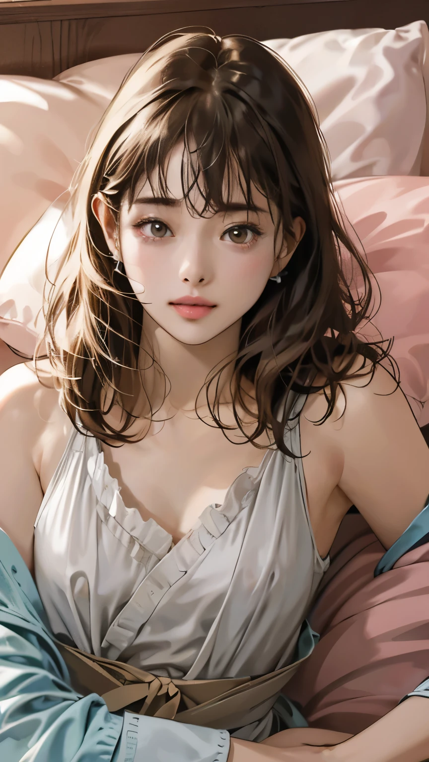 Highest quality, Face Focus, Soft Light, Ultra-high resolution, (Realistic:whole body), RAW Photos, 1 Japanese girl, alone, cute, Beautiful face in every detail, ((Firm and shapely C cup breasts)), (High resolution detail of human skin texture), (Wavy short hair), ((Neat bangs:1.5)), Wear a camisole, Nipples, On the bed、Lying down、((Both arms behind the head)), ((Small and beautiful pink areola)), (Portraiture)