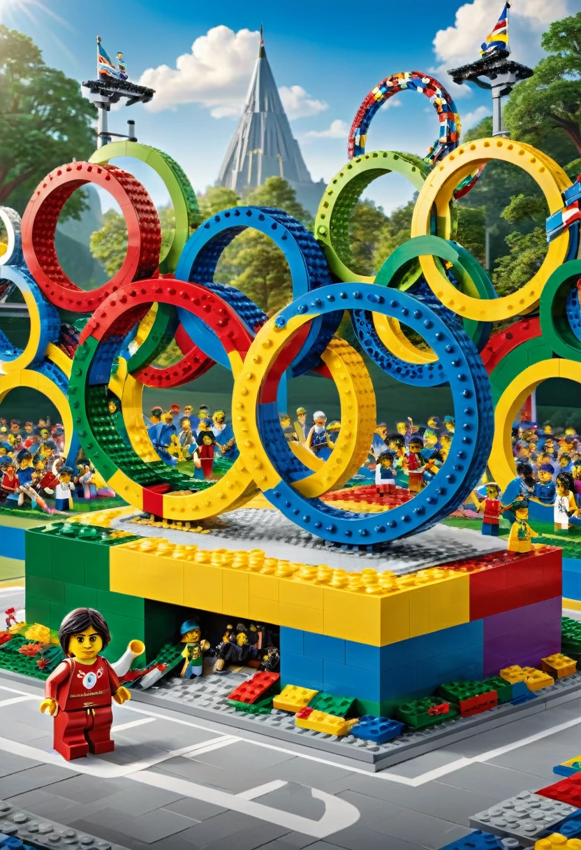 Magazine cover,best quality, very good, 16K, ridiculous, Very detailed, Olympic Rings,Made of Lego, ((Sports Day))((A masterpiece full of fantasy elements))), ((best quality)), ((Intricate details))(8K)