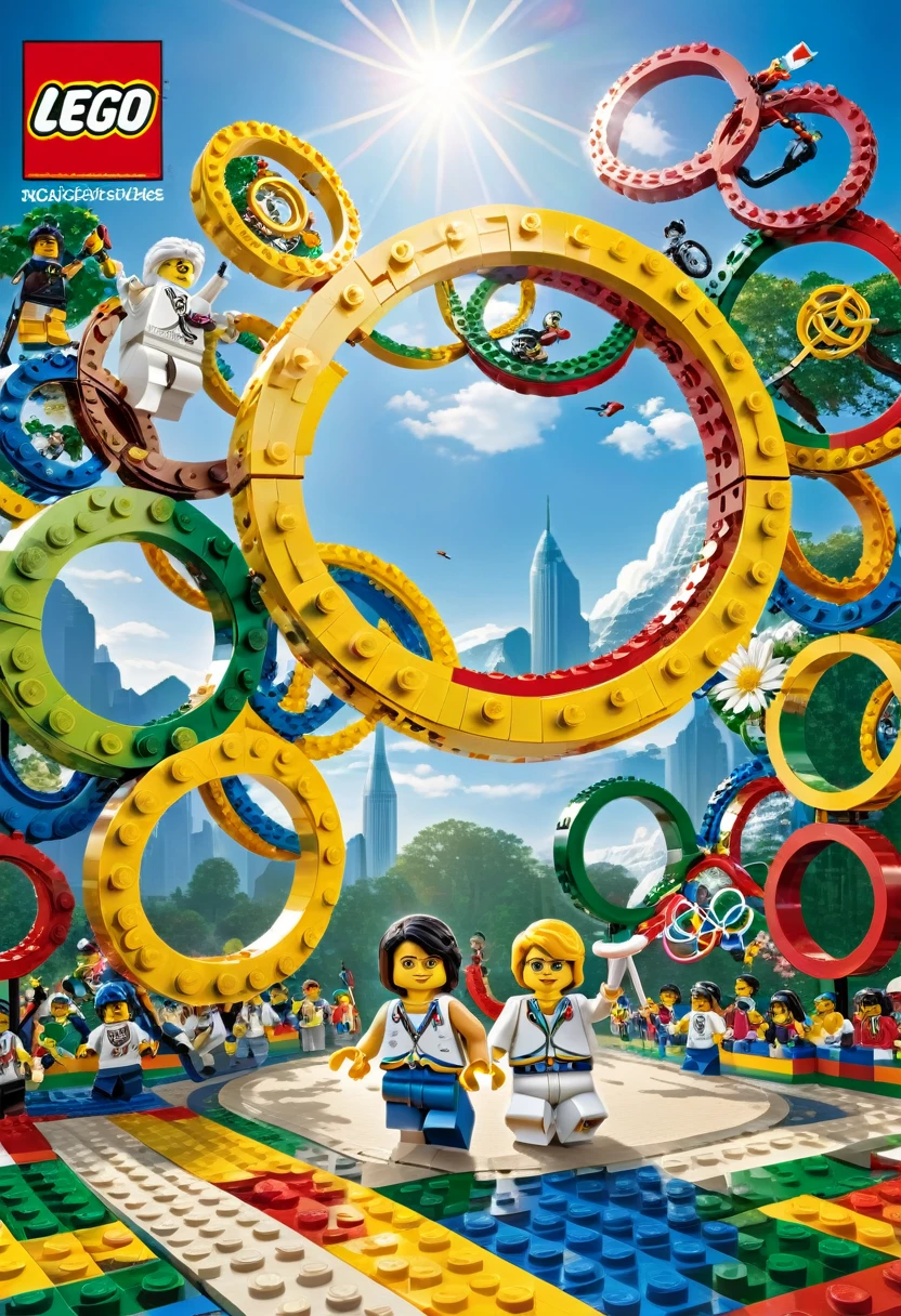 Magazine cover,best quality, very good, 16K, ridiculous, Very detailed, Olympic Rings,Made of Lego, ((Sports Day))((A masterpiece full of fantasy elements))), ((best quality)), ((Intricate details))(8K)