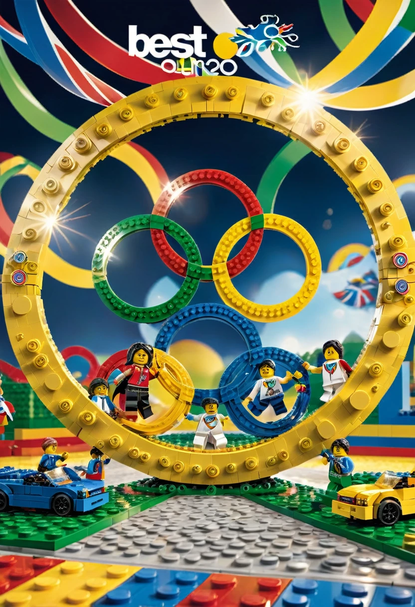 Magazine cover,best quality, very good, 16K, ridiculous, Very detailed, Olympic Rings,Made of Lego, ((Sports Day))((A masterpiece full of fantasy elements))), ((best quality)), ((Intricate details))(8K)
