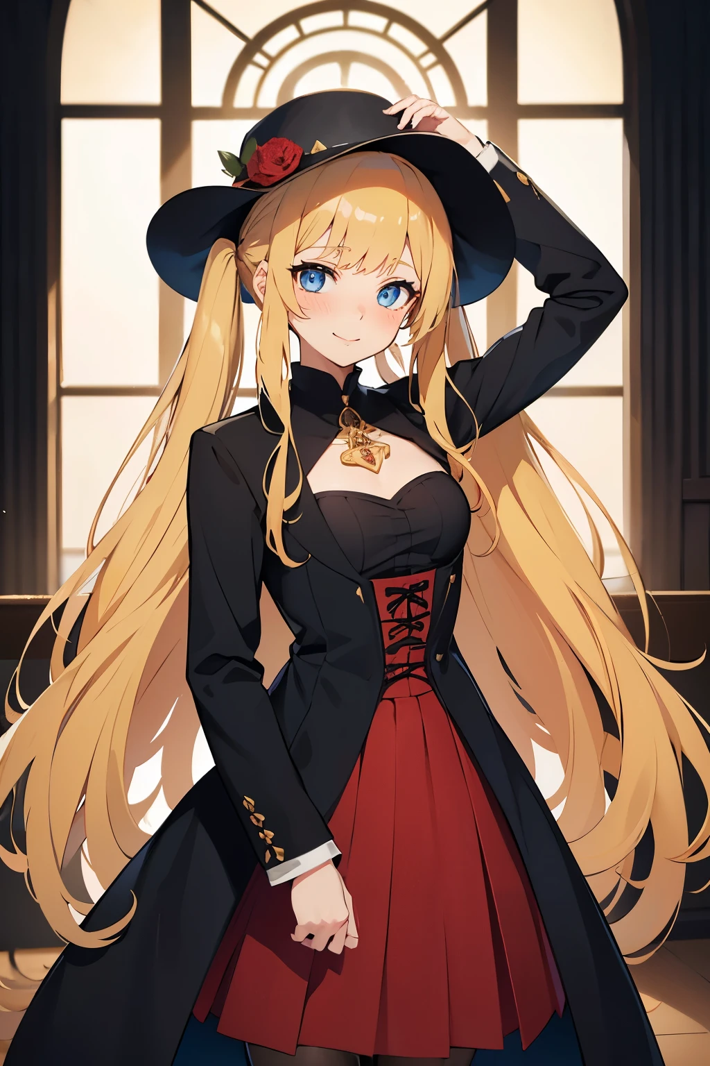 masterpiece,best quality, solo, 1 girl, female figure, yellow hair, hime cut, blunt bangs, extra long hair, crystal blue eyes, sharp detailed eyes, pantyhose,indoors, golden blonde hair, shy smile, black ouji clothes, cowboy shot, voluminous hair, wavy hair, cute girl, (medium small breasts), (young female body: 1.4), ouji fashion, long red skirt, ouji style clothes, black corset, black and red outfit, twin tails, coattail, long coat, voluminous twin tails, long sleeves, red details, blouse
