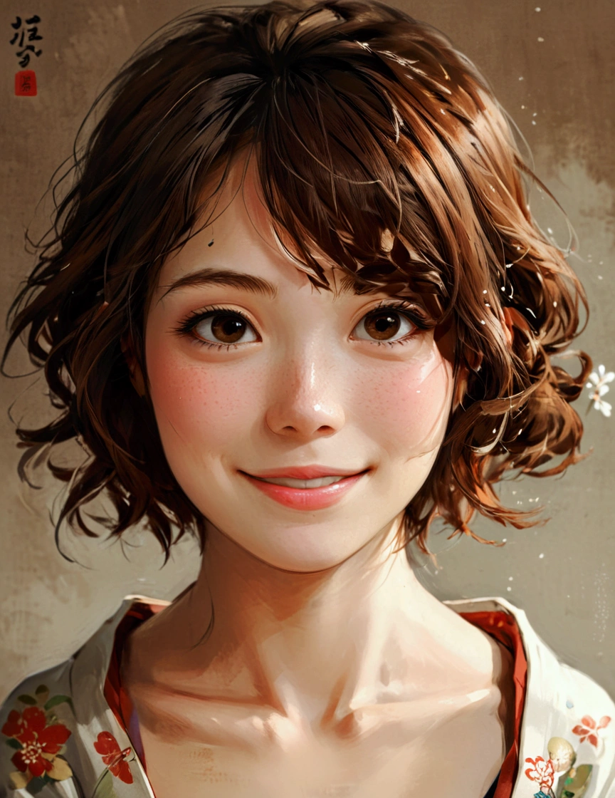 
One girl, solo, High resolution, smile, Gaze, Shortcuts, Brown Hair, Simple Background, Highest quality, Ukiyo-e, 