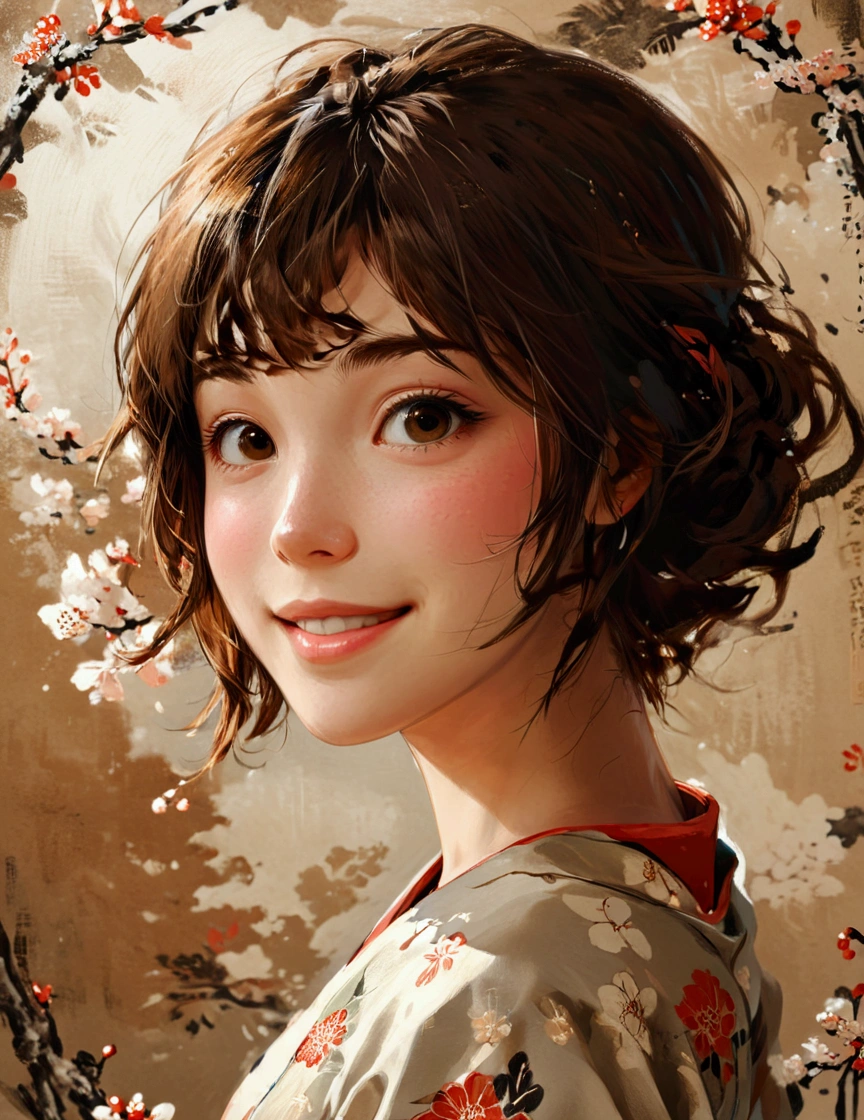One girl, solo, High resolution, smile, Gaze, Shortcuts, Brown Hair, Simple Background, Highest quality, Ukiyo-e,