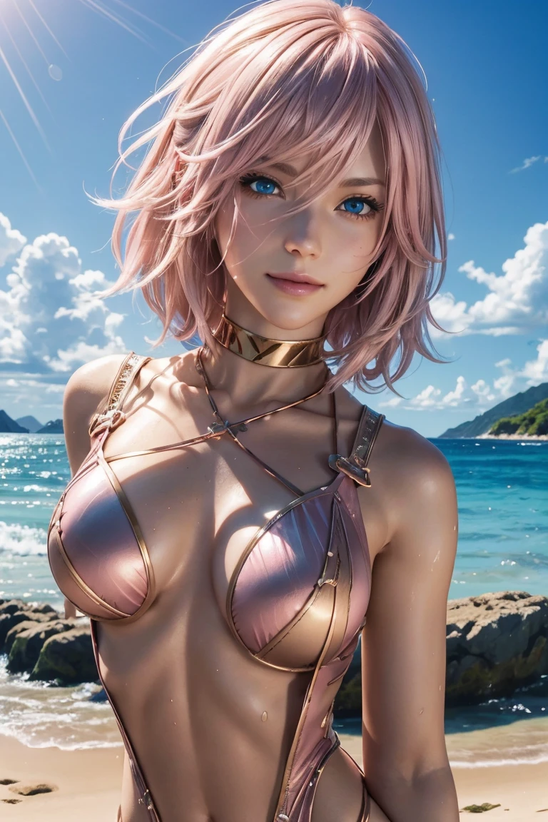 Lightning,Final Fantasy 13,Pink Blonde,Medium Hair,Light perm hair,Hair curled to one side,Let your bangs down,Beautiful Blue Eyes,Beautiful and high nose,Ultra HD,high quality,masterpiece,Digital SLR,Detailed explanation,Intricate details,Anatomical basis,Detailed Description,Detailed face,Realistic skin texture,Sharp details,Perfect Anatomy,Perfect Anatomy,Anatomically correct hand,Anatomically correct fingers,Super Detail,Complex 3D rendering,Sexy pose,Pink Swimsuit,Wet,Beautiful sunset,Beautiful beaches,Fantastic beach at dusk,Fantasy worldview,Picturesque,Pink Lips,smile,Brighten up your expression,