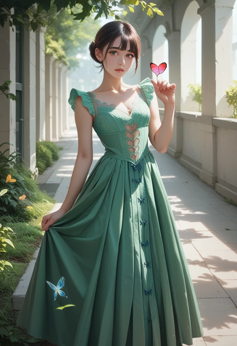 ((masterpiece)), (best quality), (Simple style), Green Dress, Butterfly Heart, Pleated lace, Edwardian lace dress.