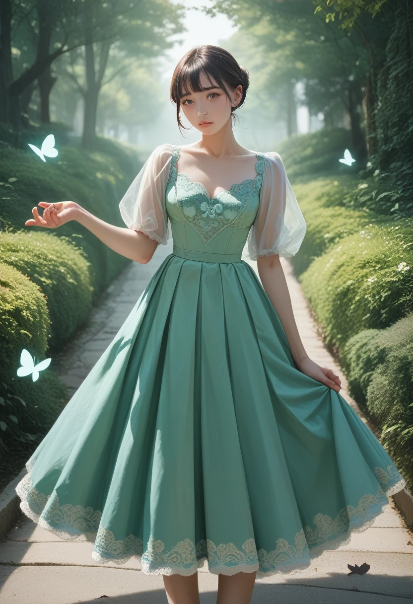 ((masterpiece)), (best quality), (Simple style), Green Dress, Butterfly Heart, Pleated lace, Edwardian lace dress.