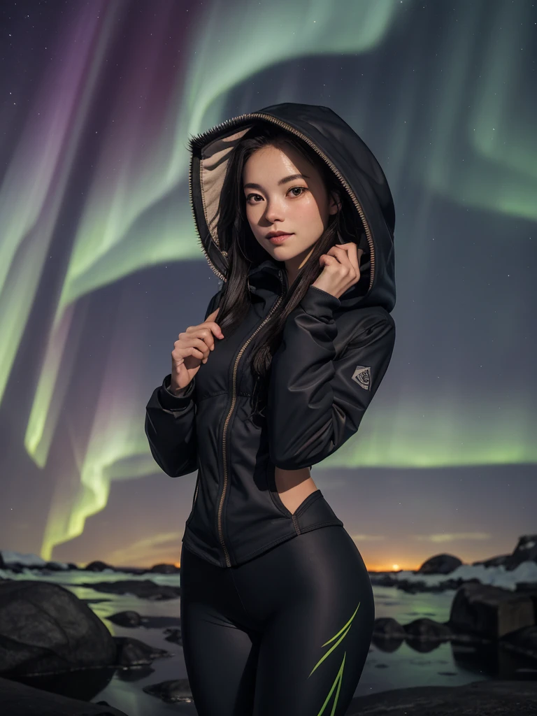 1girl, solo, full body and pose, in the cave, stand in the water,
(night:1.2), Antarctic background,winter,Farmland,aurora,
(long, flowing hair and horsetail:1.1),
(short hooded jacket, yoga pants),
(Straight breasts:1.1),medium breasts,
(a 18 years old Village girl),best quality, 8K, HDR, highres, absurdres:1.2,sharp focus:1.3, ,Photography,RAW photo, photorealistic, masterpiece, best quality, ultra high res, super_detail, hyper_detail, finely_detailed,