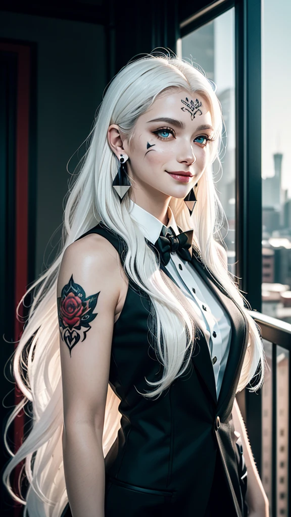 (((Handsome young man))), (male), solo, (((gothic style))), (((super pale white skin))), smooth skin, (bright skin:1.3), strong jaw, sharp features, (((long messy white hair))), bangs, (((wavy and textured white hair))), (((white colored hair))), (((red vibrant colored eyes))), (((sharp eyes))), long and thick eyelashes, thick black eyebrows, majestic, charming, classy, (strong muscular body), (((wide shoulders))), (((softly smiling))), (((wearing a black formal suit))), (((red dangling earrings))), (((face tattoos))), (balcony night city setting), vibrant city lights, detailed, (highres:1.2), (enchanced quality:1.4), (Top quality true texture skin), vivid colors, colorful, ultrahigh res, octane render unreal engine, (high contrast), volumetrics dtx, (photorealistic:1.4), UHD, HDR, sharp focus, hyperrealistic, high quality, 16k.