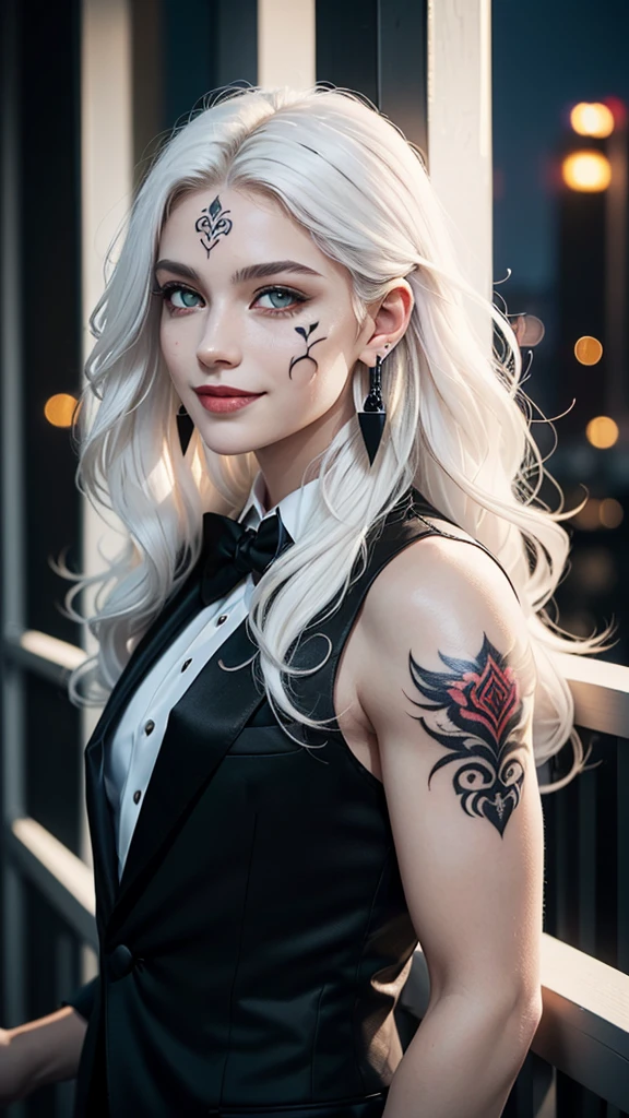 (((Handsome young man))), (male), solo, (((gothic style))), (((super pale white skin))), smooth skin, bright skin, strong jaw, sharp features, (((long messy white hair))), bangs, (((wavy and textured white hair))), (((white colored hair))), (((red vibrant colored eyes))), (((sharp eyes))), long and thick eyelashes, thick black eyebrows, majestic, charming, classy, (strong muscular body), (((wide shoulders))), (((softly smiling))), (((wearing a black formal suit))), (((red dangling earrings))), (((face tattoos))), (balcony night city setting), vibrant city lights, detailed, (highres:1.2), (enchanced quality:1.4), (Top quality true texture skin), vivid colors, colorful, ultrahigh res, octane render unreal engine, (high contrast), volumetrics dtx, (photorealistic:1.4), UHD, HDR, sharp focus, hyperrealistic, high quality, 16k.