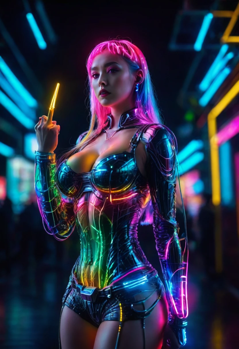 Ultra-Realistic Capture,18k,RAW Photos,Highest quality,masterpiece,reality,Very detailed,Live Action,Very beautiful woman,Detailed face,Glowing Skin,rainbow,Automata,cyber punk,18-year-old ,Model body type,slim,lots of leds,Clothes made of light particles,rainbowスキン,Implanted electronic devices,Very detailedな電子機器,Many connecting lines,Very long hair,Large Breasts,Acrobatic poses,((Raise the middle finger:1.5)),neon,Looking down,Angry expression,
