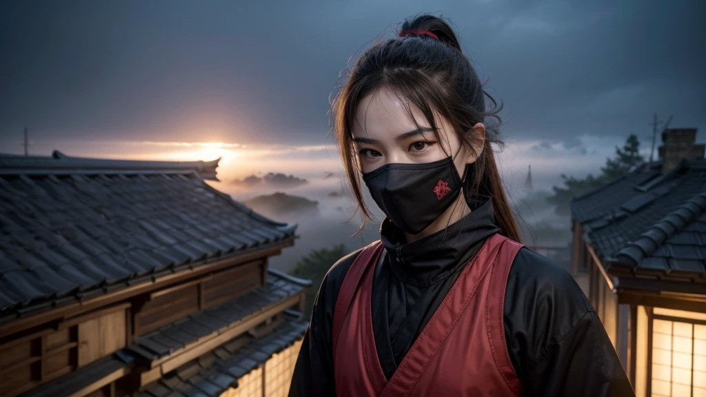 Create multiple high-resolution images of ninjas with their faces hidden. Each ninja must be in a dynamic pose, wearing traditional ninja clothes (black or with red details), and be in different settings like dense forests, roofs of ancient cities, in the fog, jumping no ar, or in combat. Images must be detailed and realistic, with special attention to the details of clothing and the surrounding environment.
