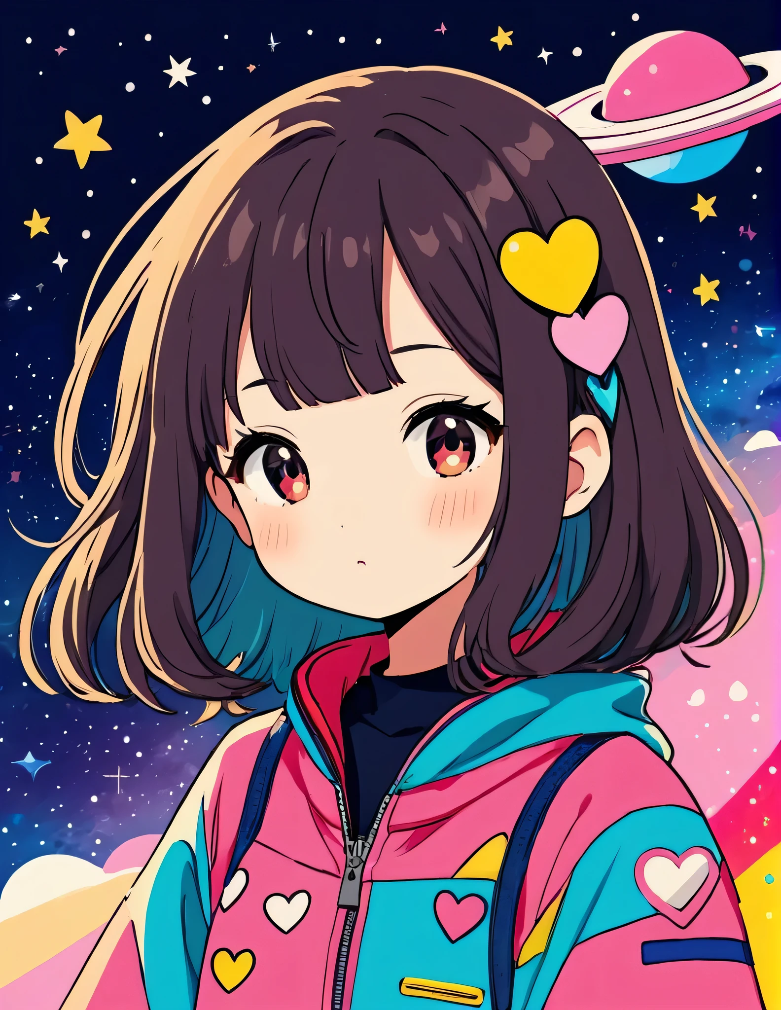 Momoko Sakura colorful style, Simple Line Initialism,Abstract art,Kawaii Design, The most beautiful girl of all time、chibi, (((Spaceship))), colorful hearts, The background is space